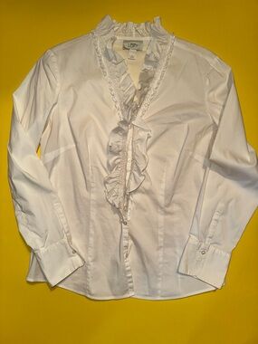 LOFT White Ruffled Front Button-Down Blouse